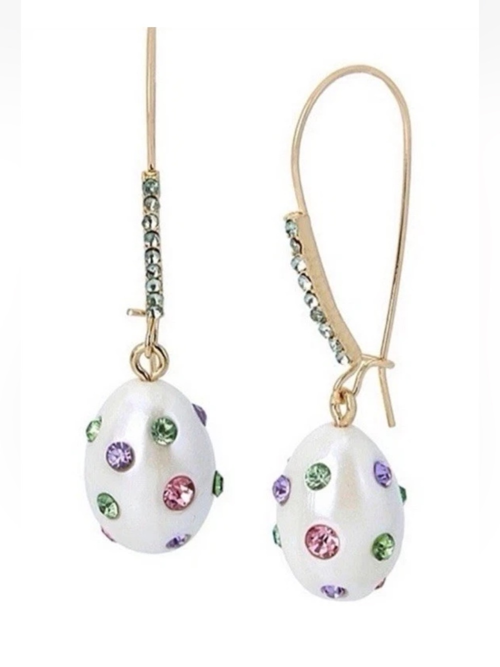 Betsey Johnson Gold Tone White Faux Pearl Easter egg Drop Earrings Crystal NIB